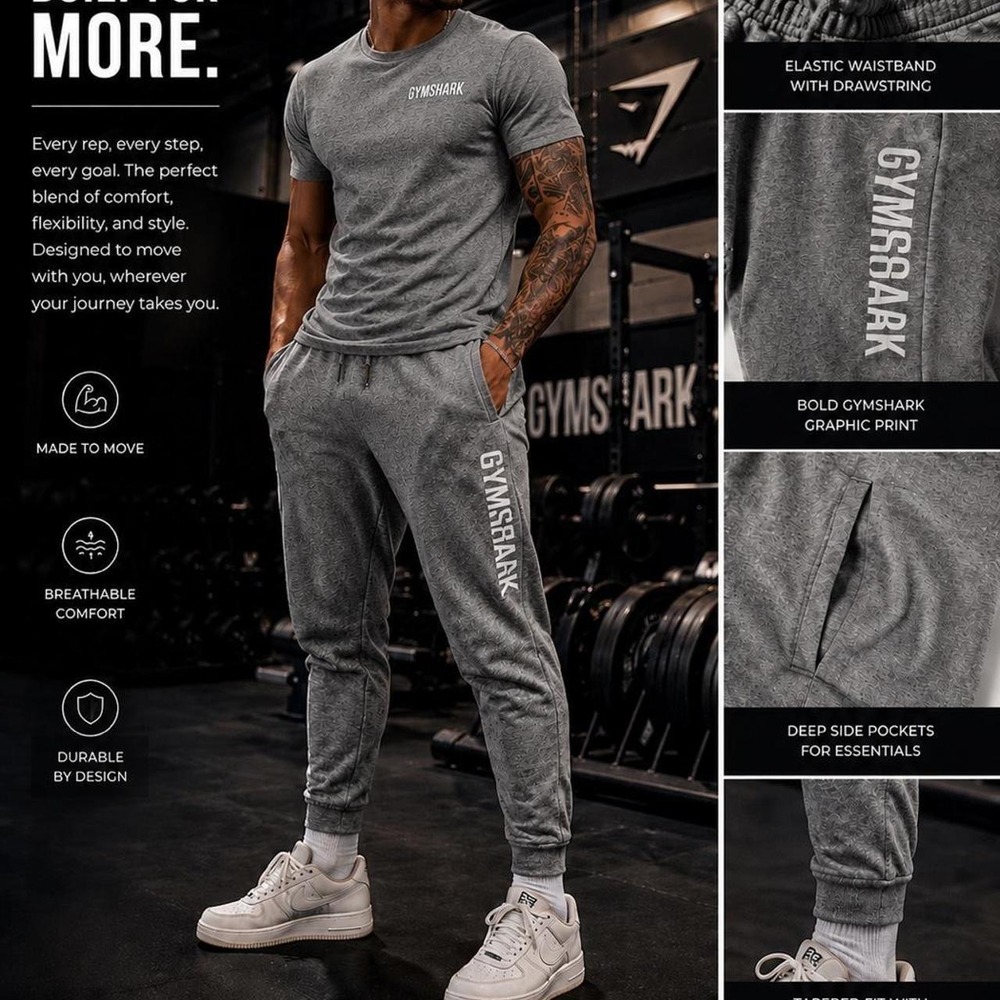 Gymshark Joggers Mens S Gray Logo Graphic Tapered Sweatpants Drawstring Pockets